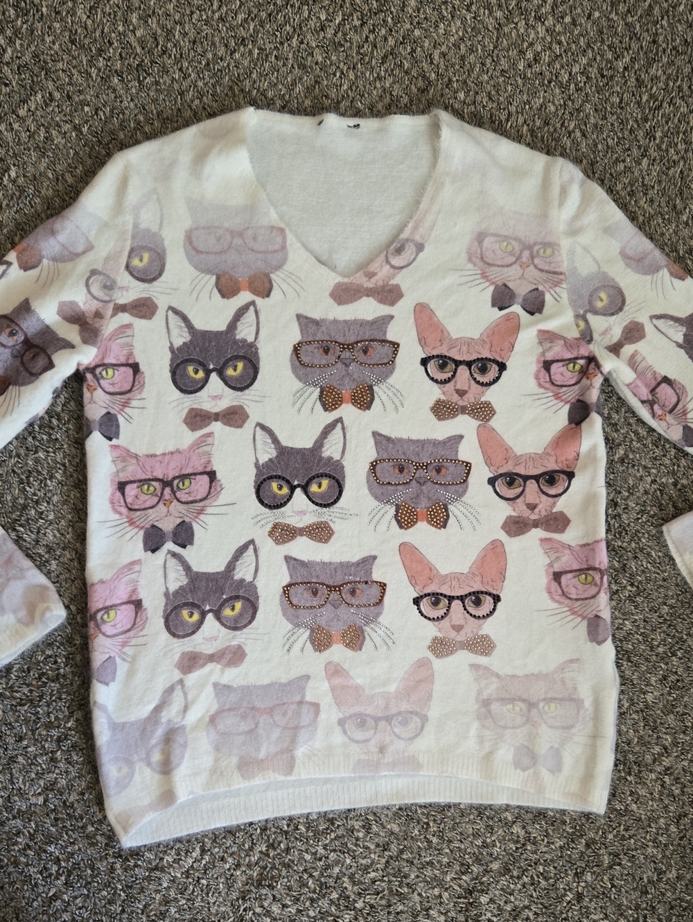 Tricotto Cream V-Neck Cat Face Sweater with Rhinestone Accents